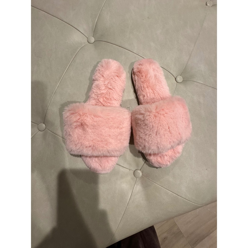 J.Crew Womens Pink Faux Fur Slide Slippers Size 9 Open Toe House Shoes Plush